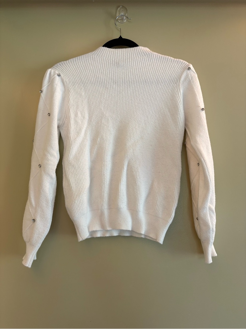 White Embellished Crewneck Sweater with Rhinestone Accent